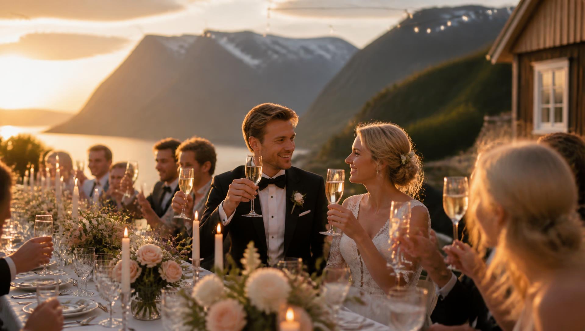 Bryllupsfest ved fjorden i solnedgang